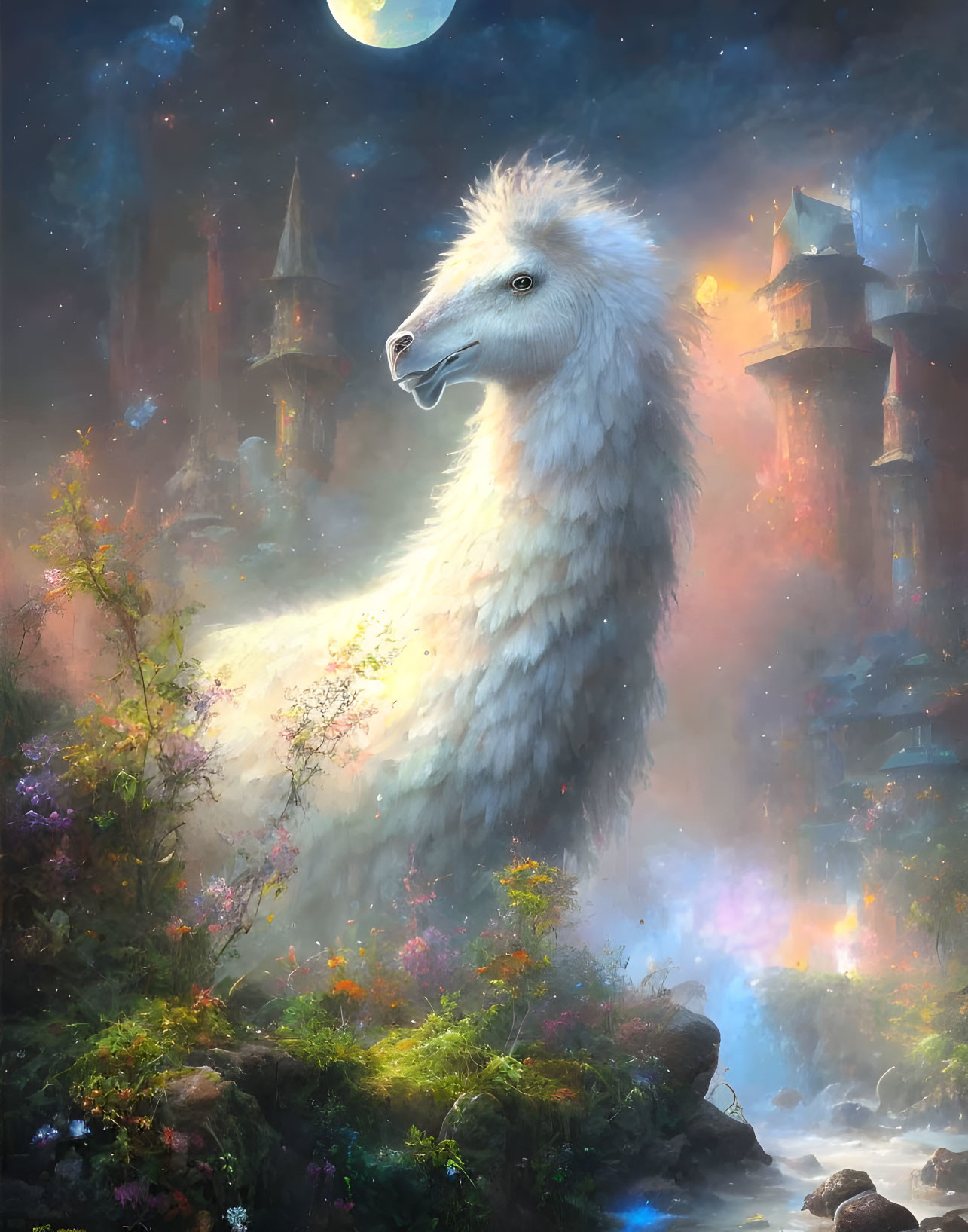 White llama in mystical castle landscape with vibrant flora