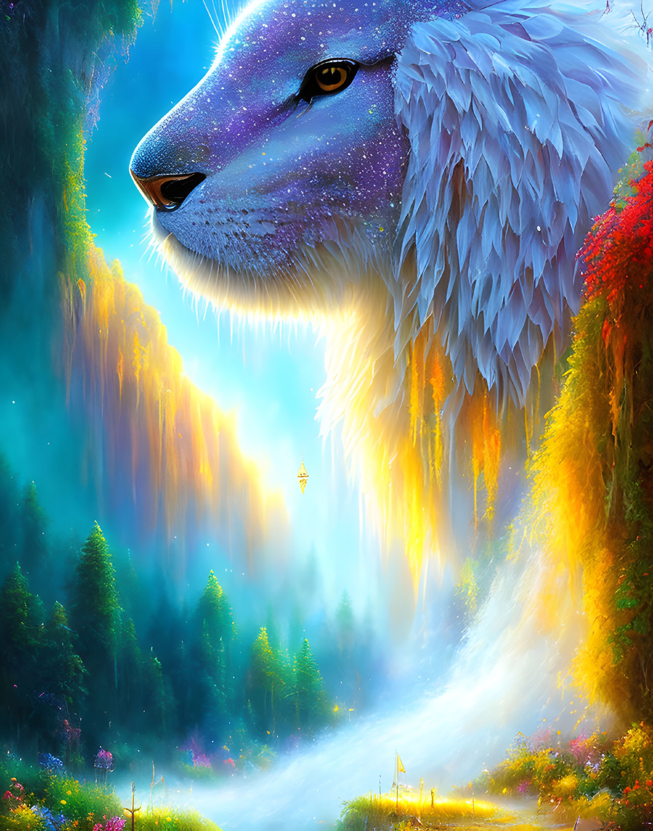 Cosmic lion with starry mane in mystical forest landscape