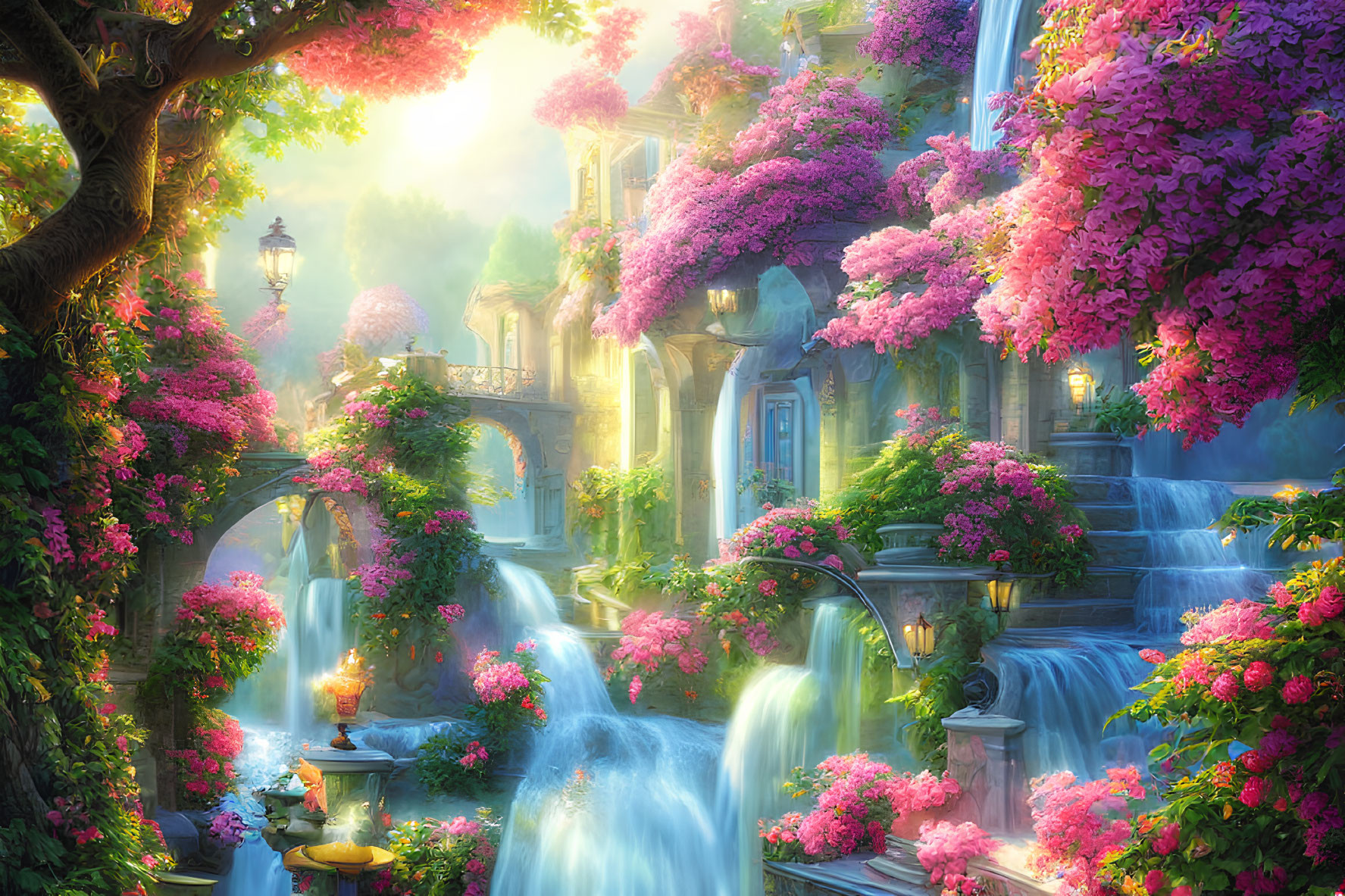 Whimsical garden with pink blossoms, waterfalls, stone steps & vintage lampposts