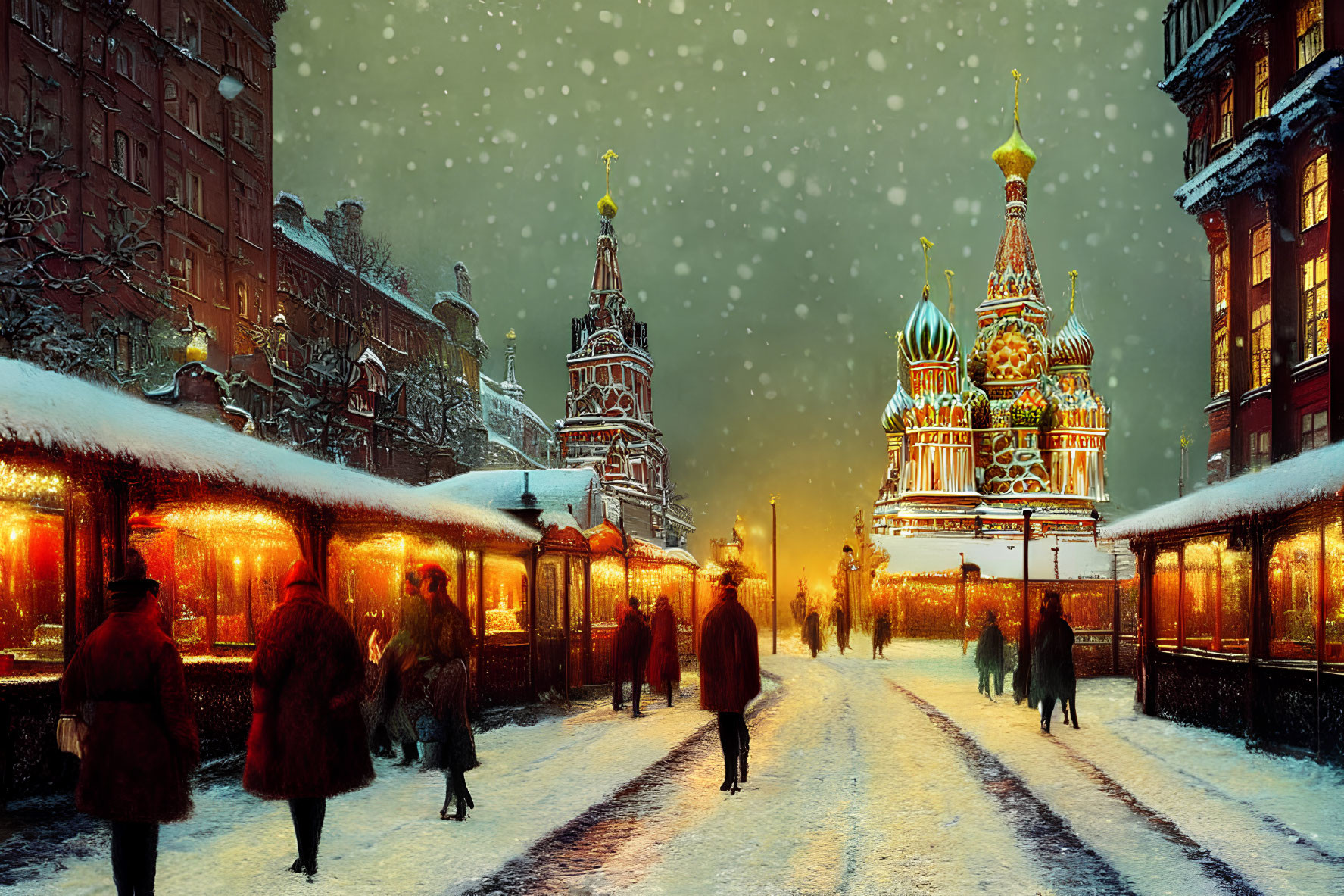 Snowfall over Russian architecture and busy street scene