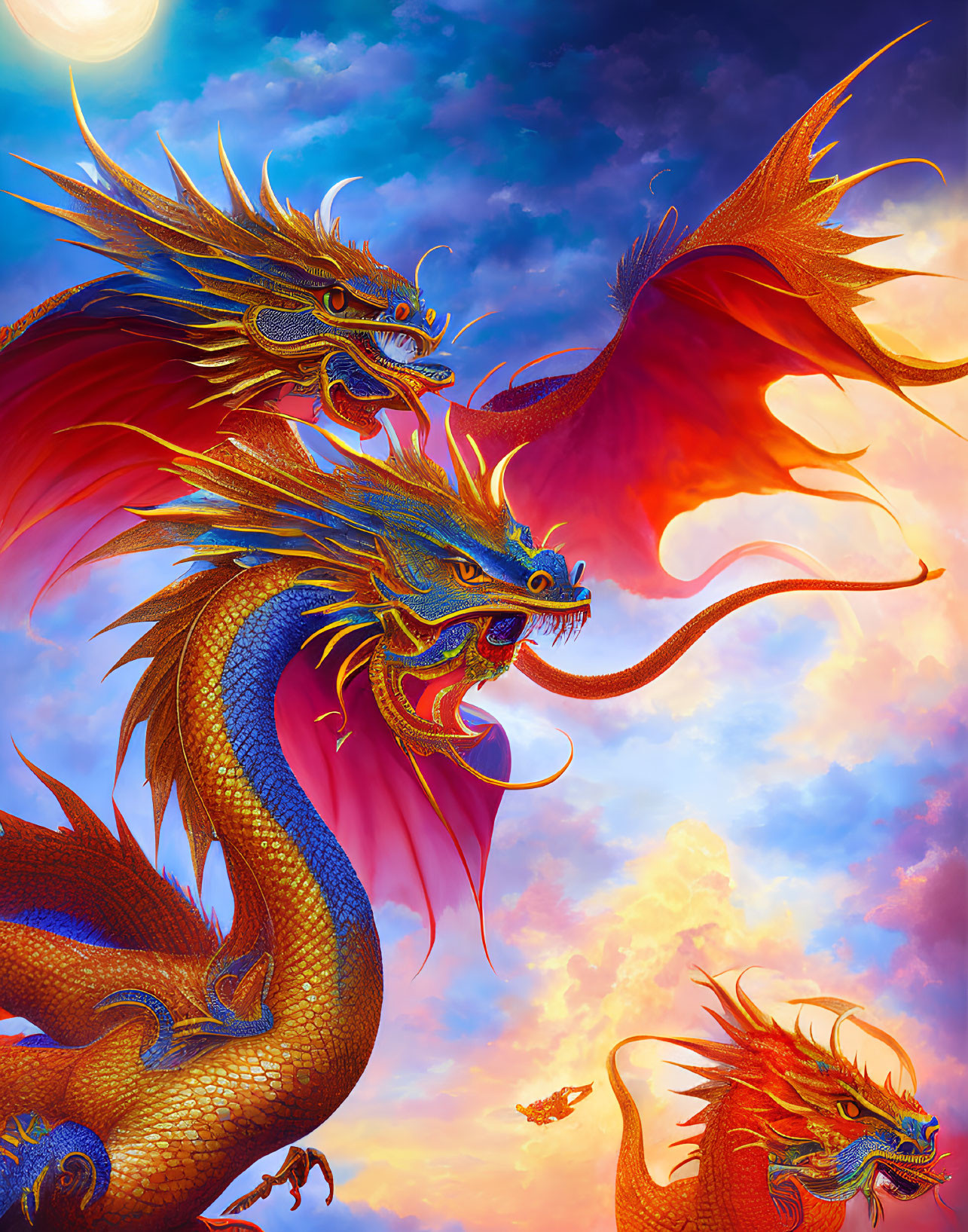 Colorful dragons flying in dramatic sky with floating islands and small creature