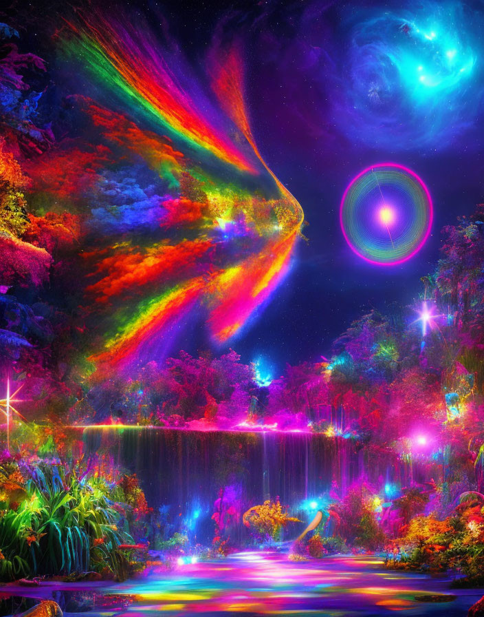 Neon-lit fantasy landscape with waterfall and cosmic sky