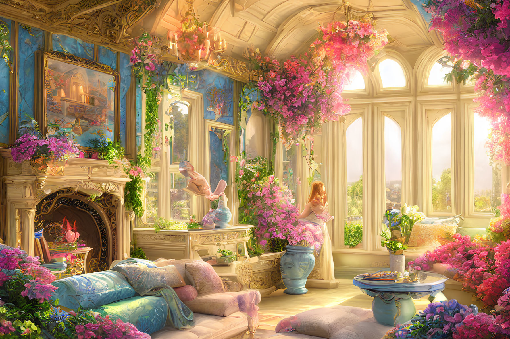 Bright sunlit room with pink flowers, elegant decor, fireplace, and animated characters.