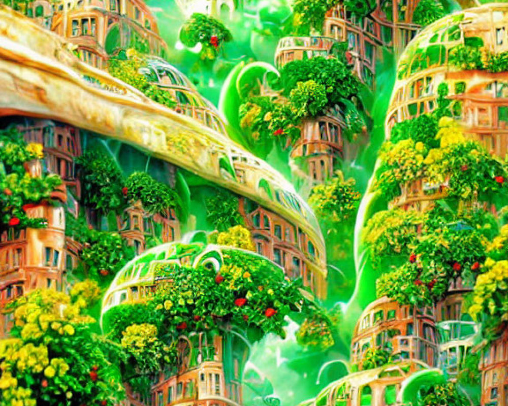 Fantastical landscape with tree-covered spheres and traditional buildings under a green sky