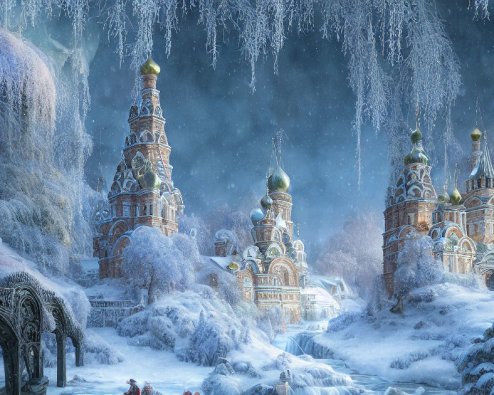 Snow-covered Russian cathedral-like buildings in a magical winter scene.