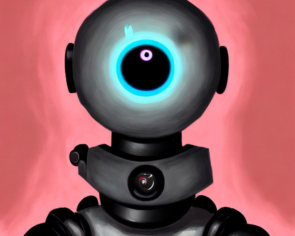 Digital painting of a robot with blue eye on pink background