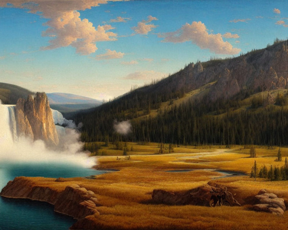 Tranquil landscape with waterfall, river, meadows, and mountains