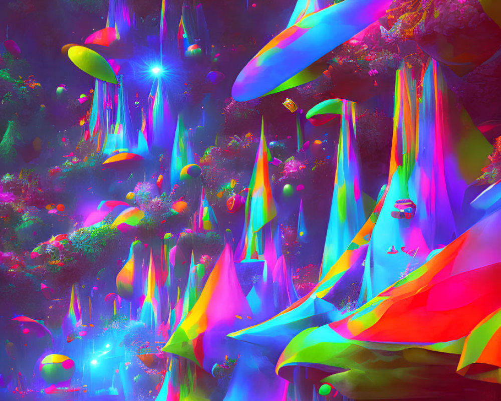 Luminous plants, majestic mountains in vibrant alien landscape