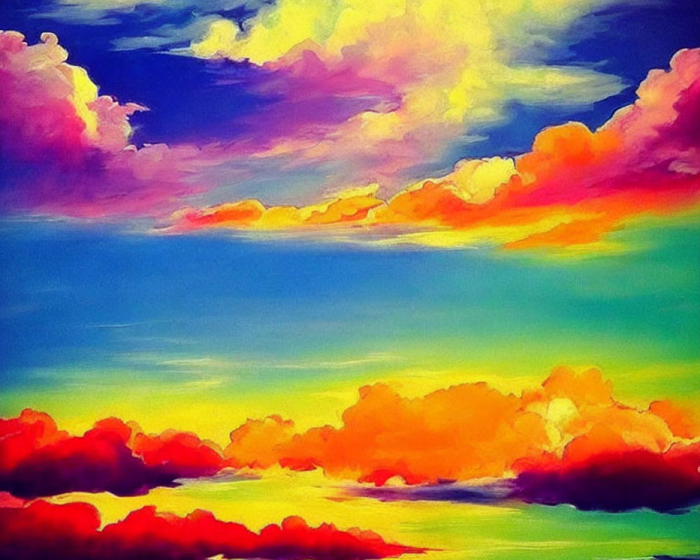 Colorful Sky Painting with Yellow, Pink, and Blue Clouds on Turquoise Background