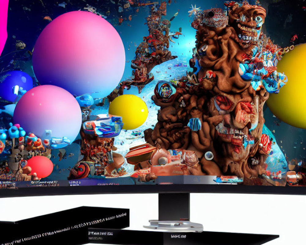 Abstract Digital Artwork with Colorful Spheres on Dual Monitors