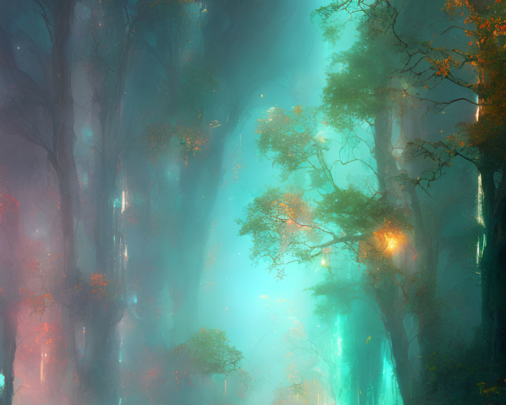 Mystical forest scene with towering trees and serene water pool