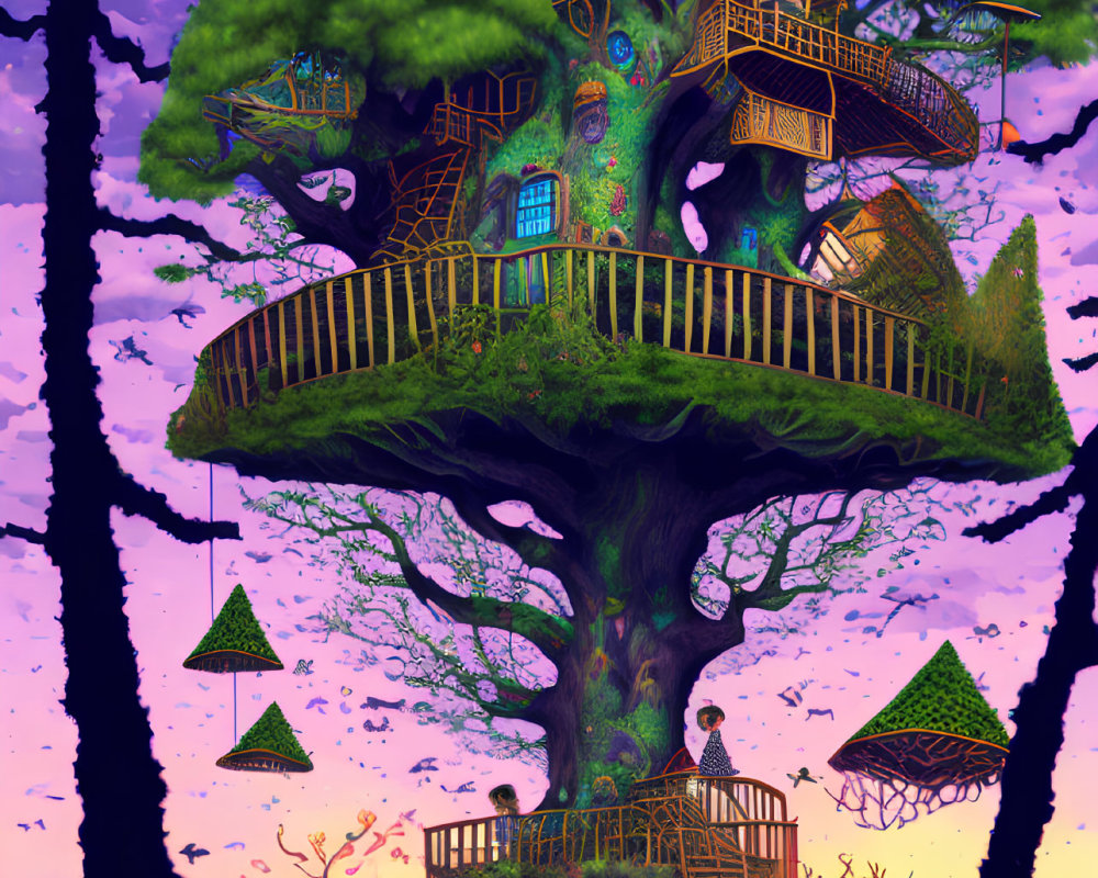 Detailed illustration of whimsical treehouse under purple sky