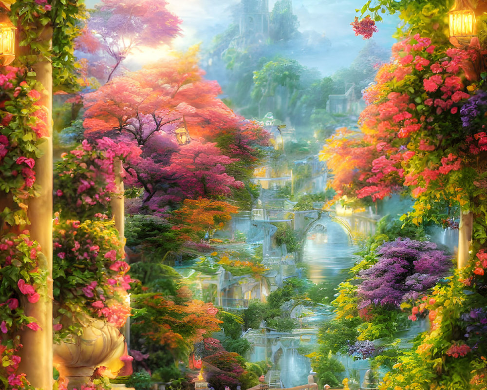 Vibrant flowering trees in fantastical garden with stone bridge and castle