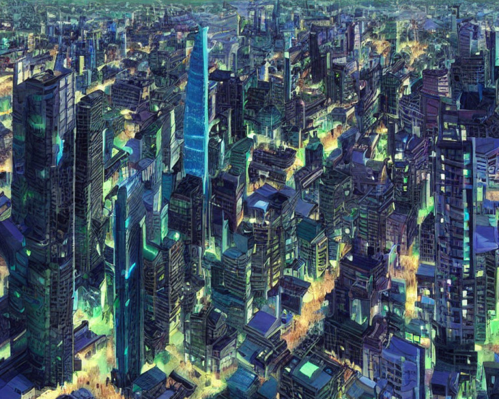 Futuristic cityscape at dusk with glowing blue lights and skyscrapers