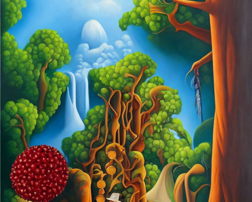 Vibrant forest painting with oversized flora and ethereal figures