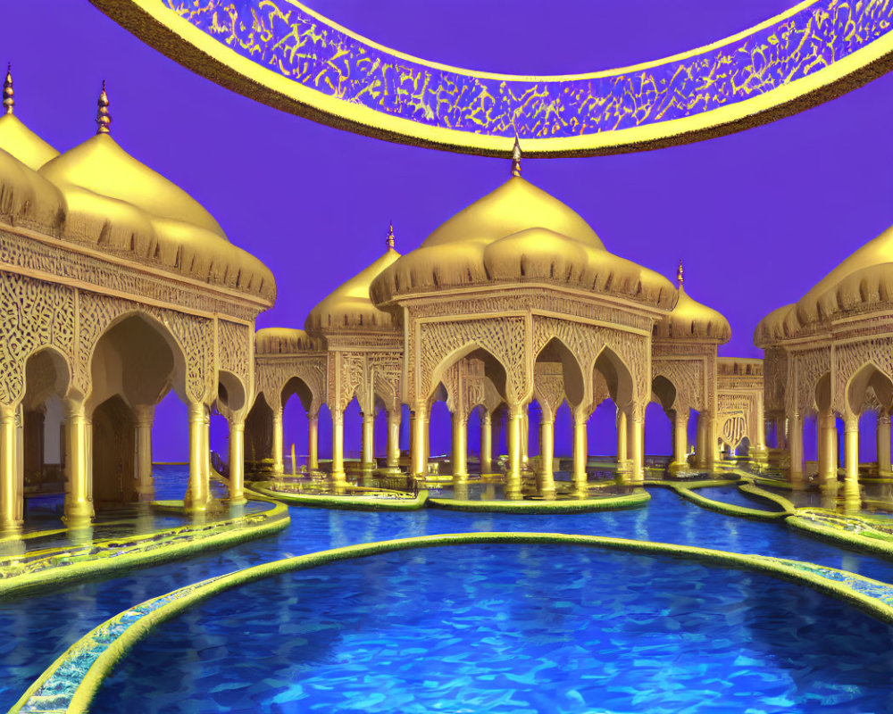 Digitally-rendered palace with golden domes and blue pools