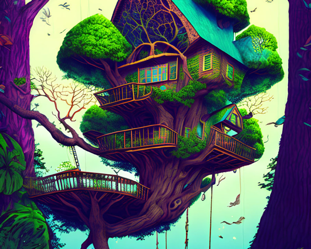 Multi-level treehouse nestled in giant trees with bridges and swings in a lush forest