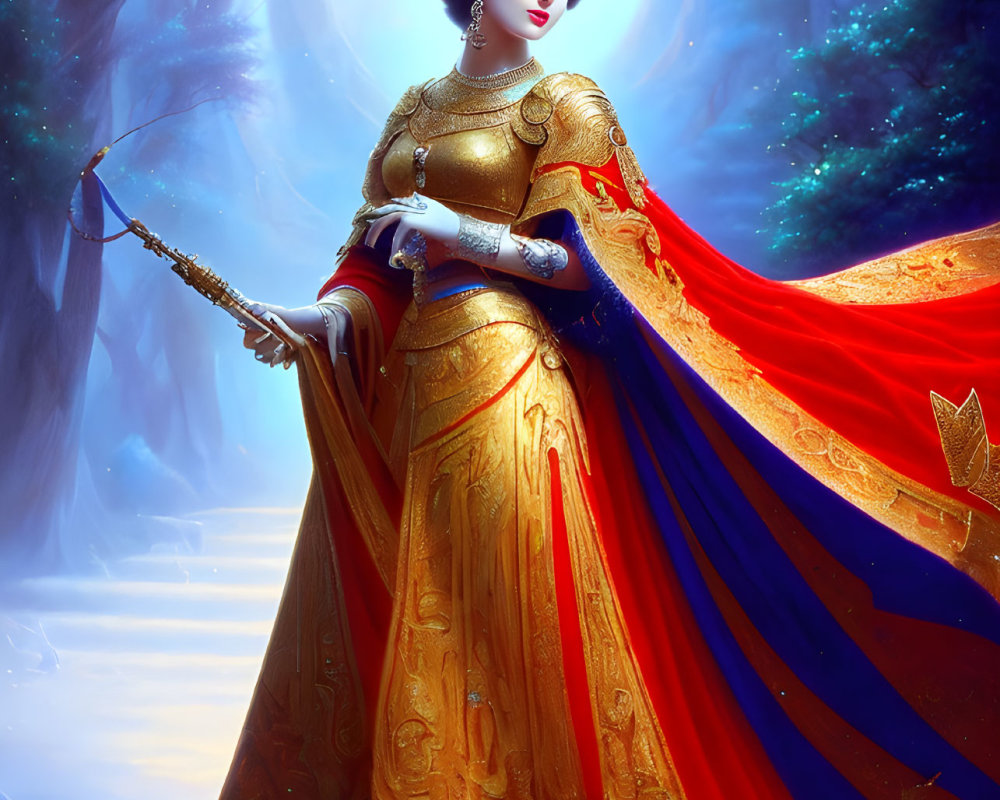 Regal woman in golden armor with staff in mystical forest