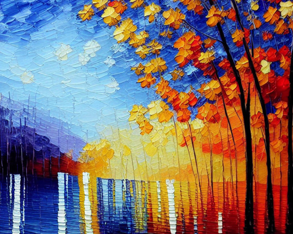 Colorful oil painting: tree with golden leaves by water at sunset