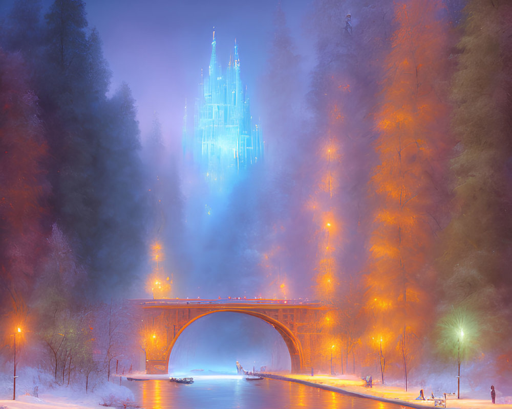 Glowing Blue Castle Over Misty Bridge at Night