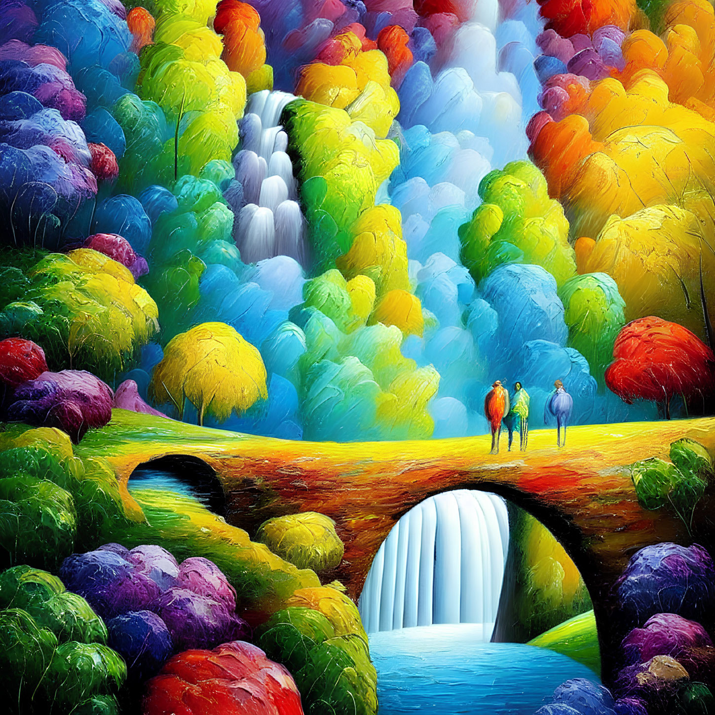 Colorful Impressionistic Painting of People on Bridge Over Waterfall