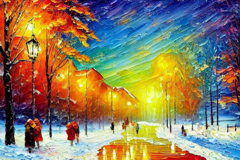 Snowy Evening Scene with People Walking under Street Lamps, Colorful Trees, and Houses