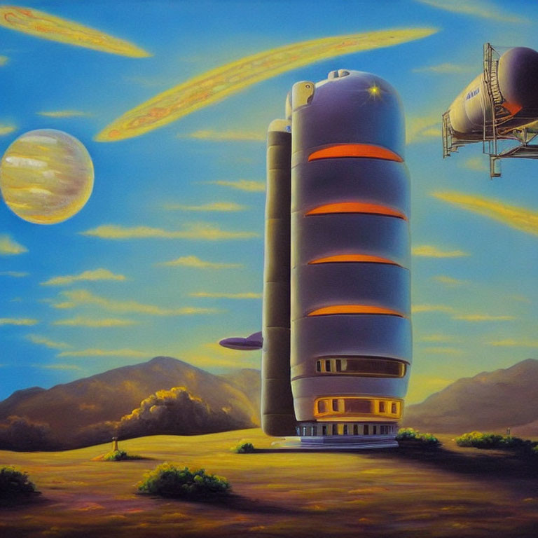 Futuristic cylindrical building in serene landscape with planets, gas giant, spacecraft, and blimp