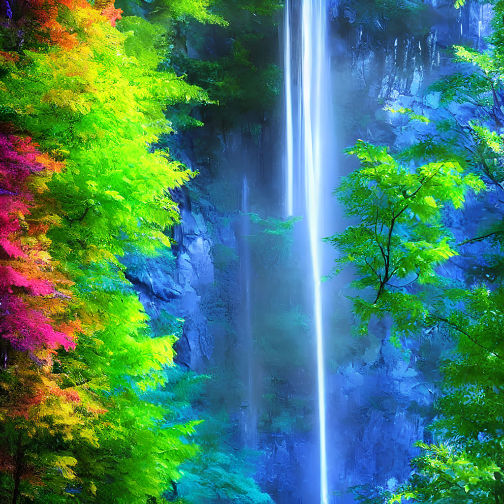 Vibrant autumn waterfall surrounded by lush foliage