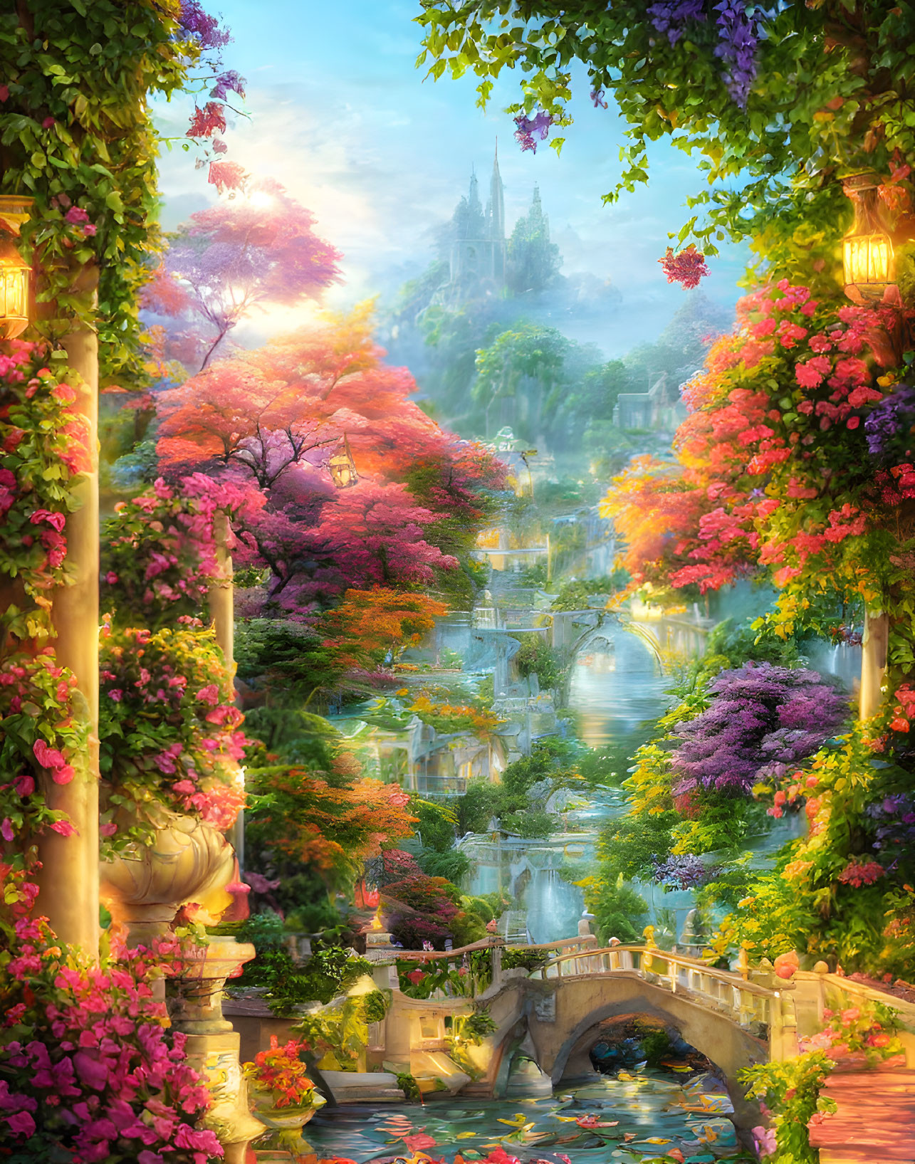 Vibrant flowering trees in fantastical garden with stone bridge and castle