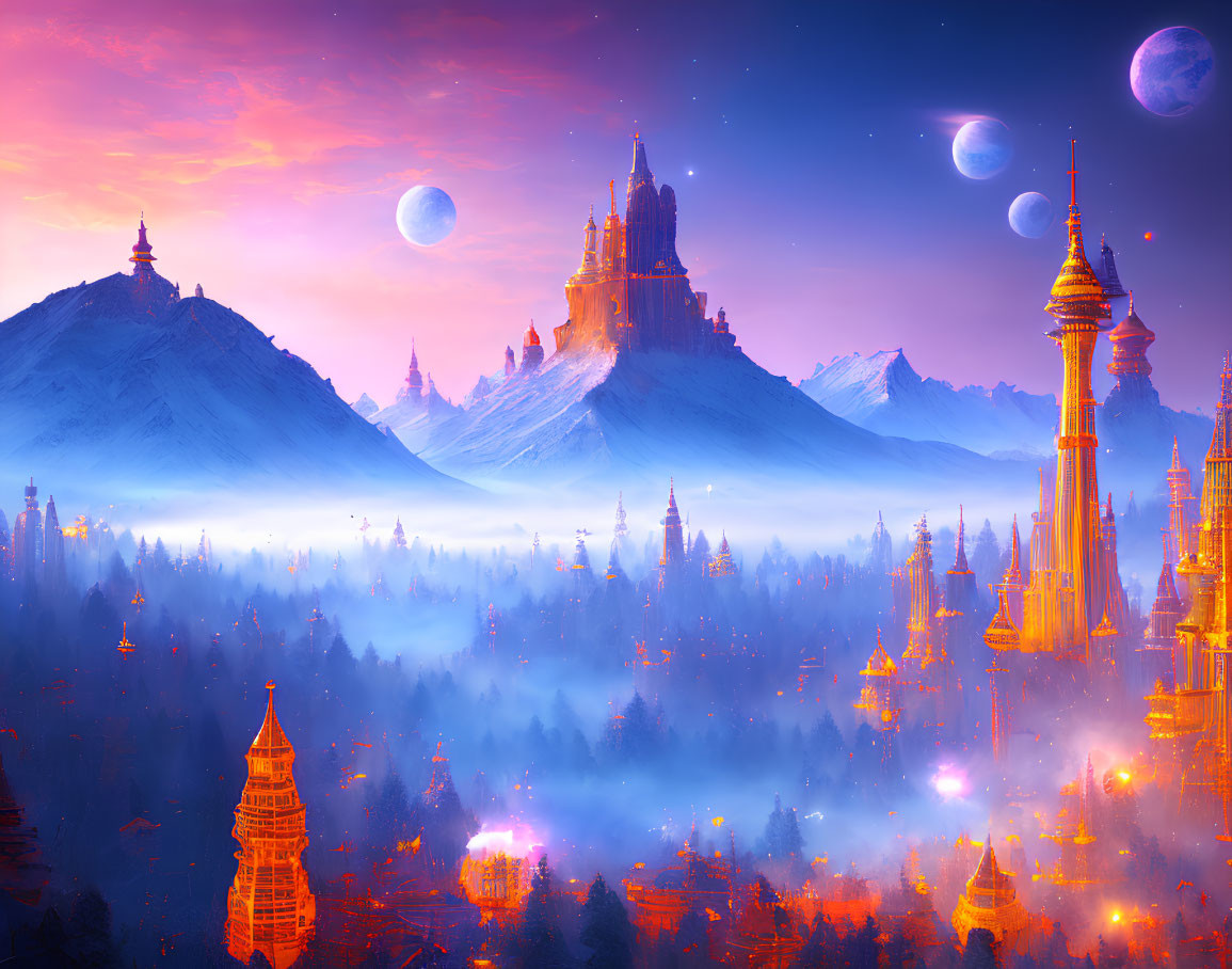 Fantastical landscape with glowing castles, misty forests, mountains, and multiple moons