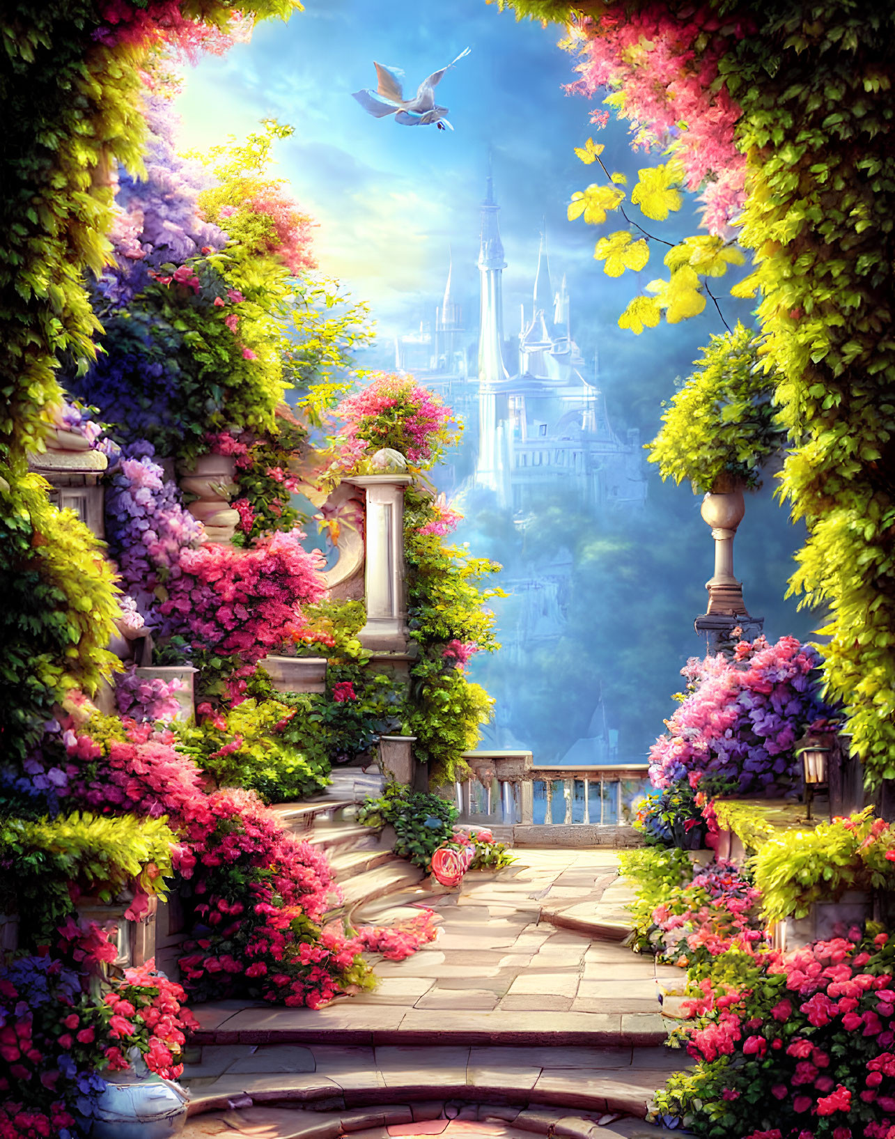 Fantasy garden pathway with pink and purple flowers leading to fairy tale castle under clear sky