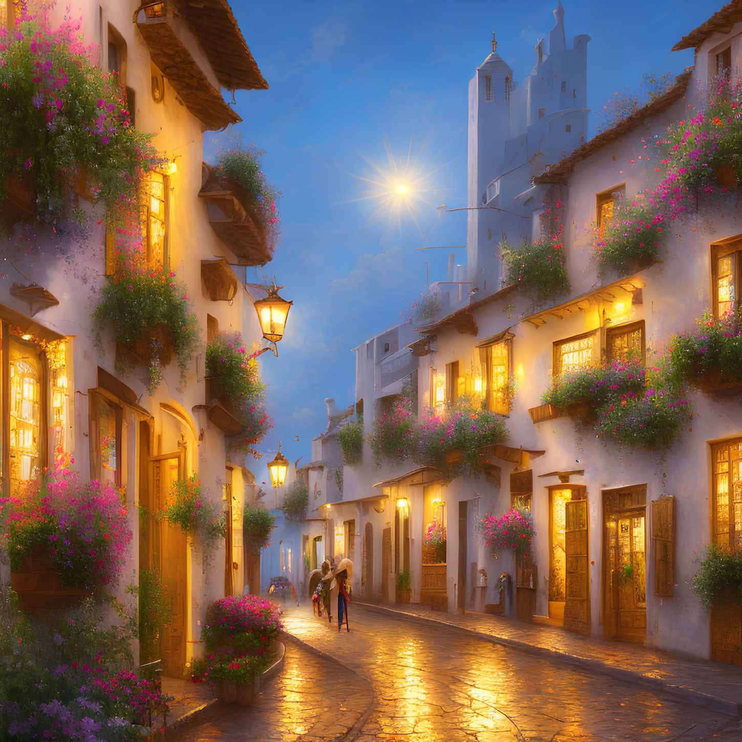 Picturesque European alley at dusk with cobblestone pavement, glowing street lamps, flowers, couple walking