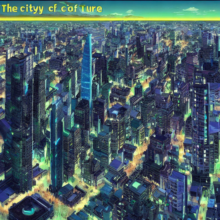 Futuristic cityscape at dusk with glowing blue lights and skyscrapers