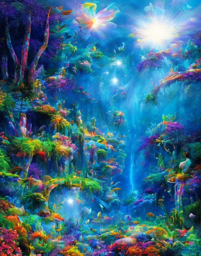 Vibrant mythical forest with neon hues and cascading waterfalls