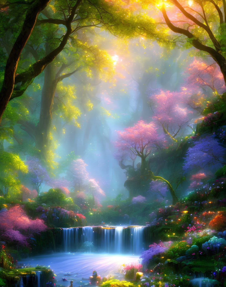 Enchanting forest scene with waterfall, pink trees, and glowing plants