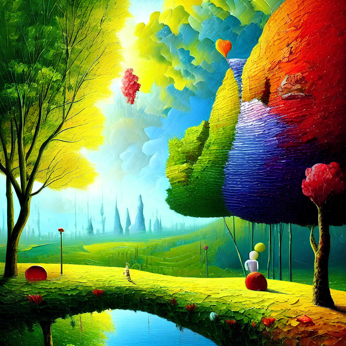 Colorful landscape painting with trees, river, and hot air balloons