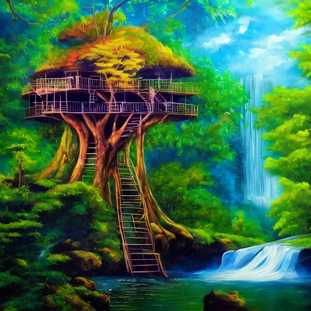 Colorful Treehouse Painting with Waterfall & Lush Greenery