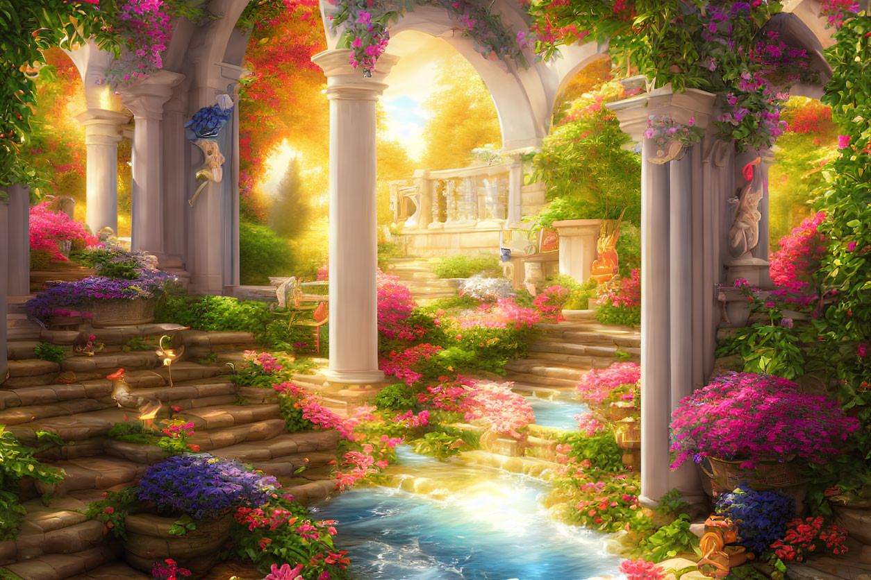 Sunlit garden with vibrant flowers, stream, and ancient columns