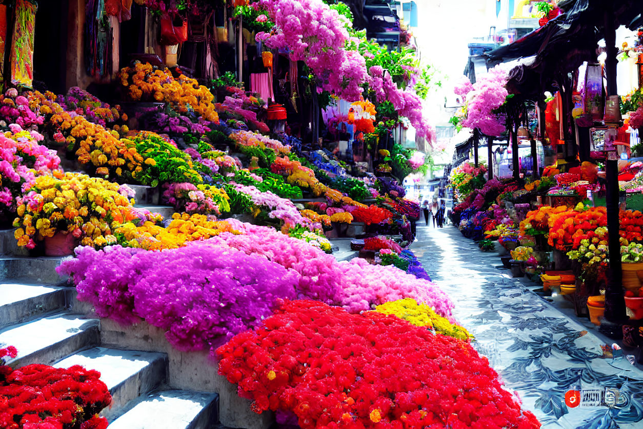 Colorful Flower Market with Rows of Various Flowers and Hanging Ornaments