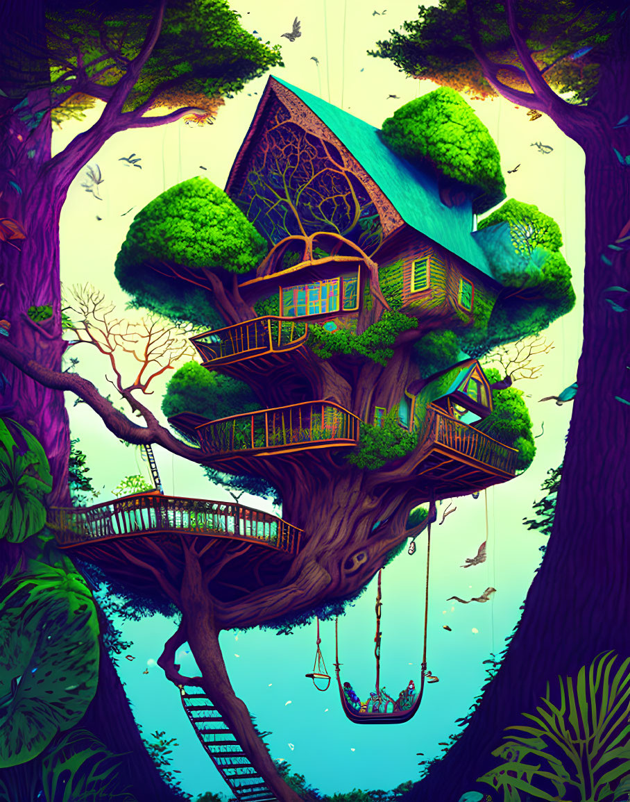 Multi-level treehouse nestled in giant trees with bridges and swings in a lush forest