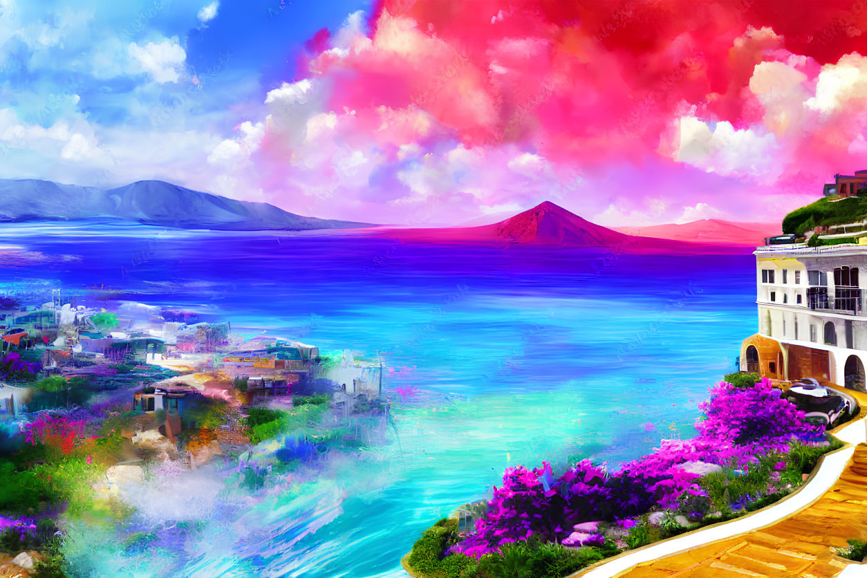 Colorful Coastal Landscape Digital Painting with Blue Sea and Pink Flowers