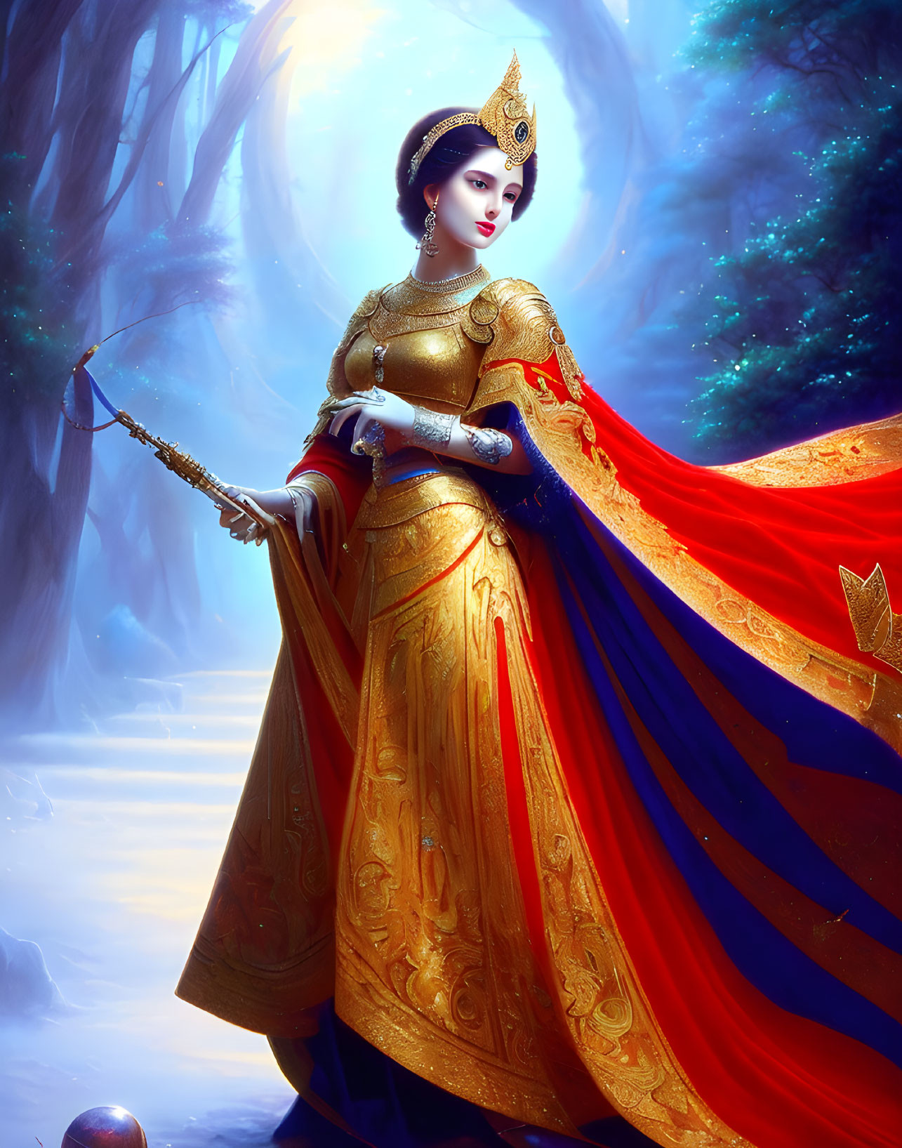 Regal woman in golden armor with staff in mystical forest