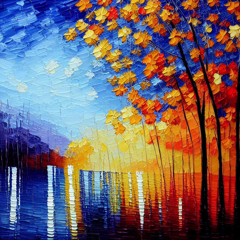 Colorful oil painting: tree with golden leaves by water at sunset