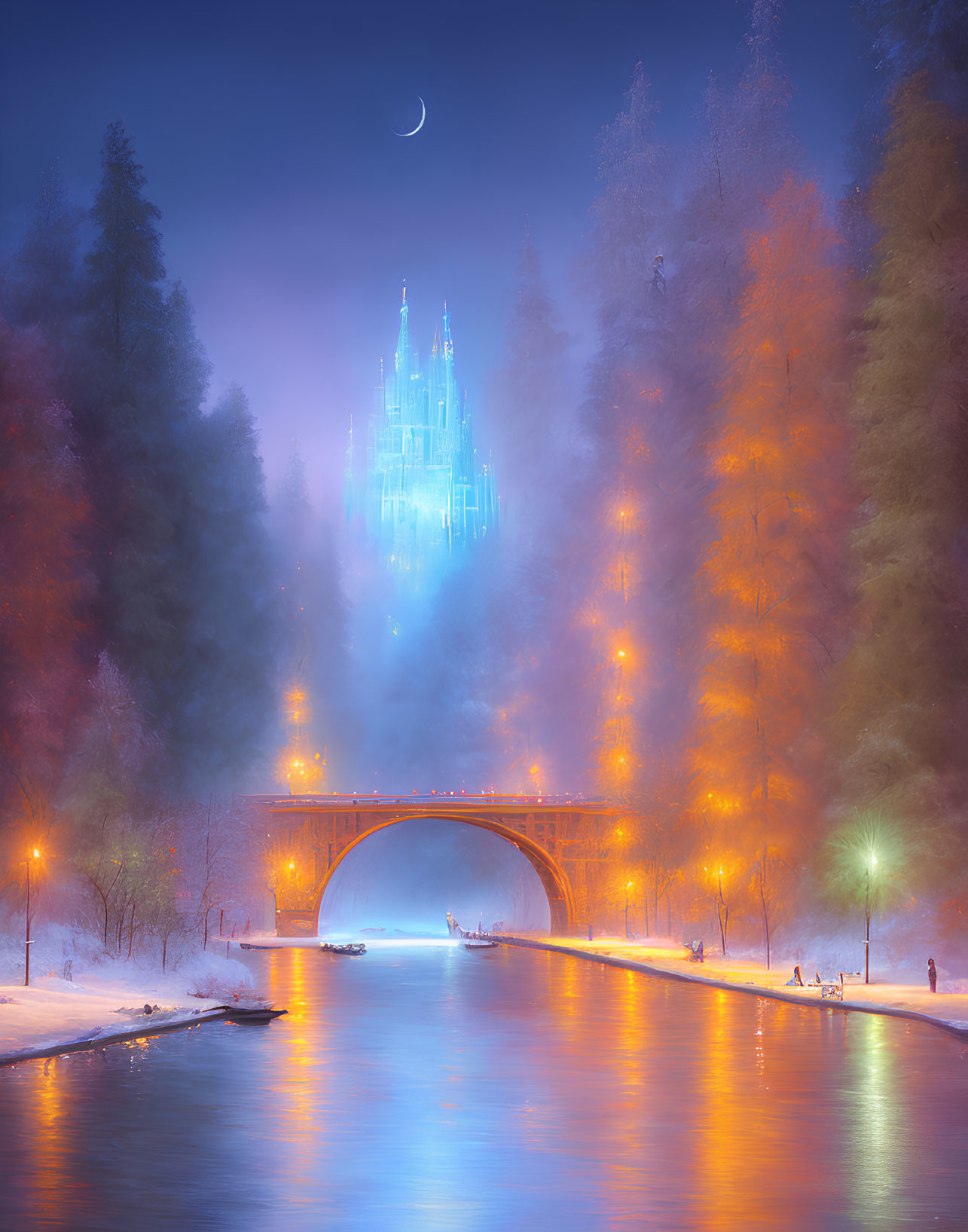 Glowing Blue Castle Over Misty Bridge at Night