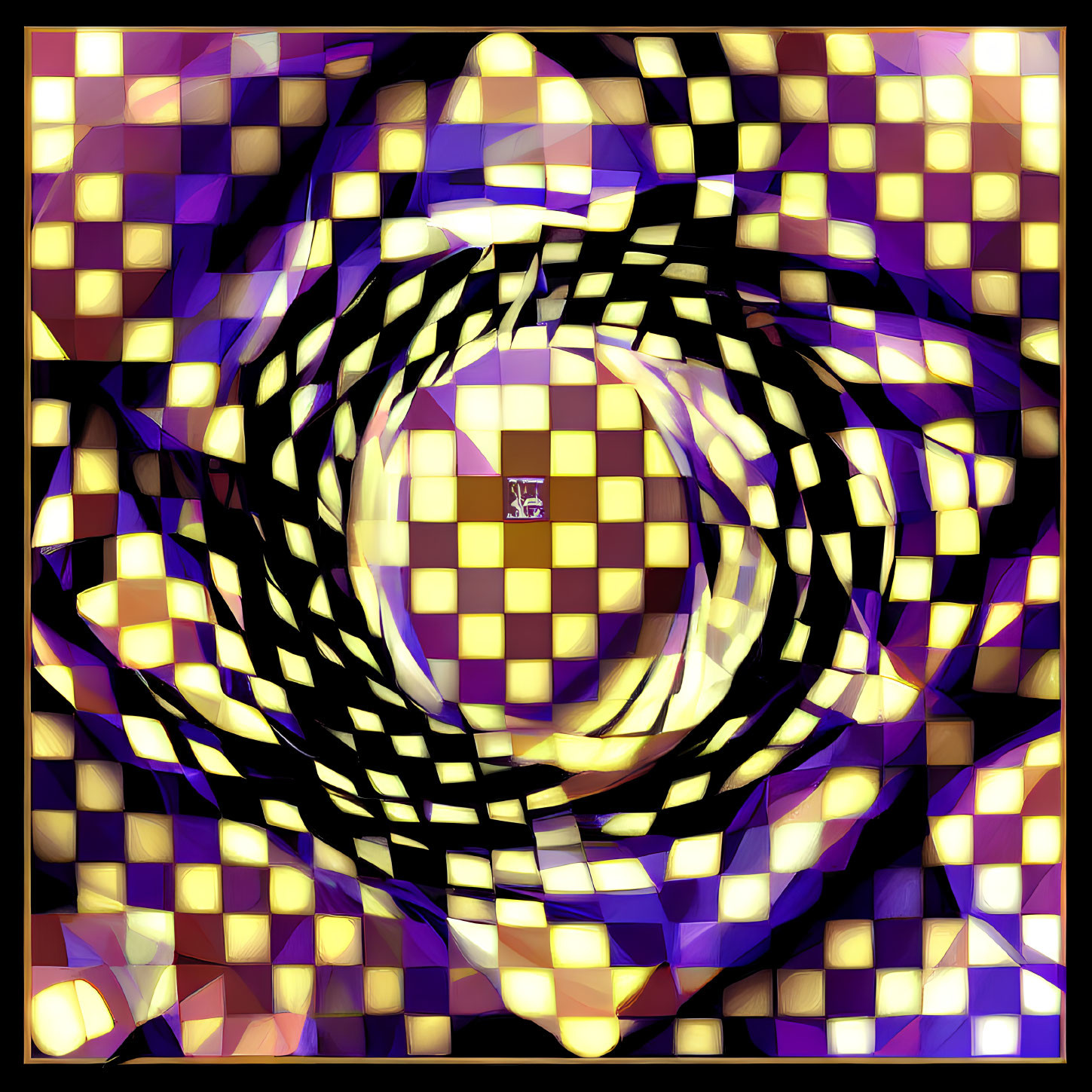 Spiral pattern and checkered elements in purple, gold, and black