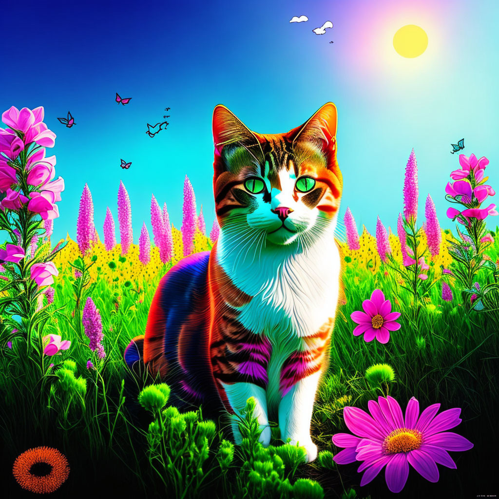 Colorful Cat with Blue Eyes in Lush Meadow with Flowers and Butterflies