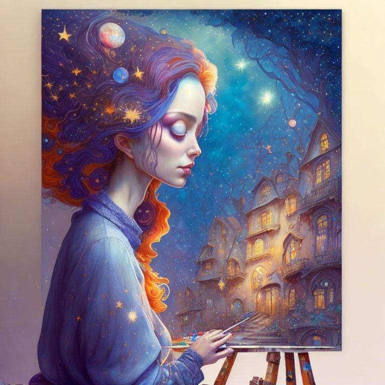 Colorful painting of woman with cosmic hair creating whimsical scene on canvas