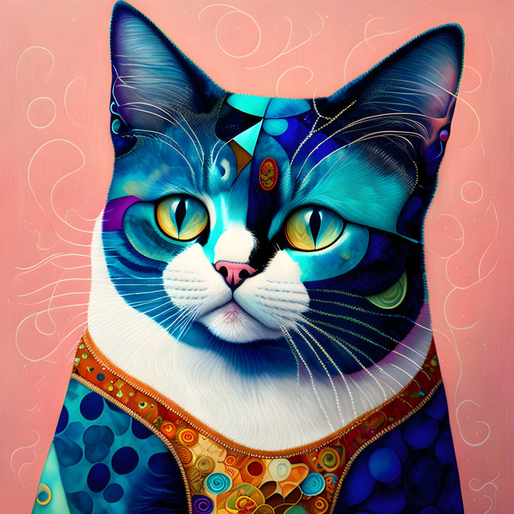 Colorful stylized cat illustration with intricate patterns and expressive eyes on pink background