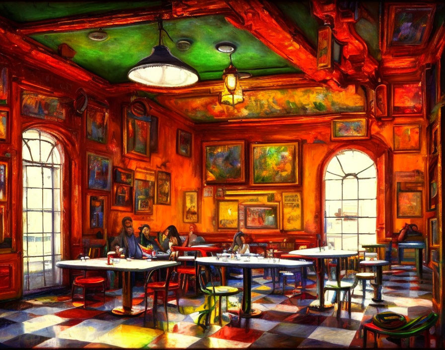 Colorful Cafe Interior with Patrons and Sunlight