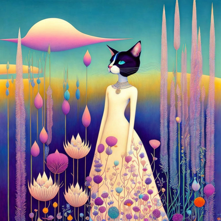 Anthropomorphic cat in floral dress in surreal landscape